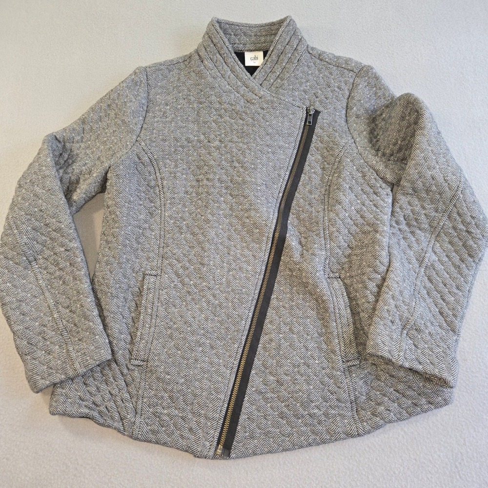Cabi Herringbone Moto Jacket Womens Large Grey Asymmetric Zip Quilted 3025